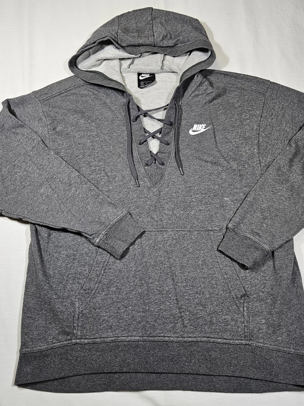 Nike Sportswear Women's Lace Up Front Pullover Hoodie Sweatshirt Gray Small